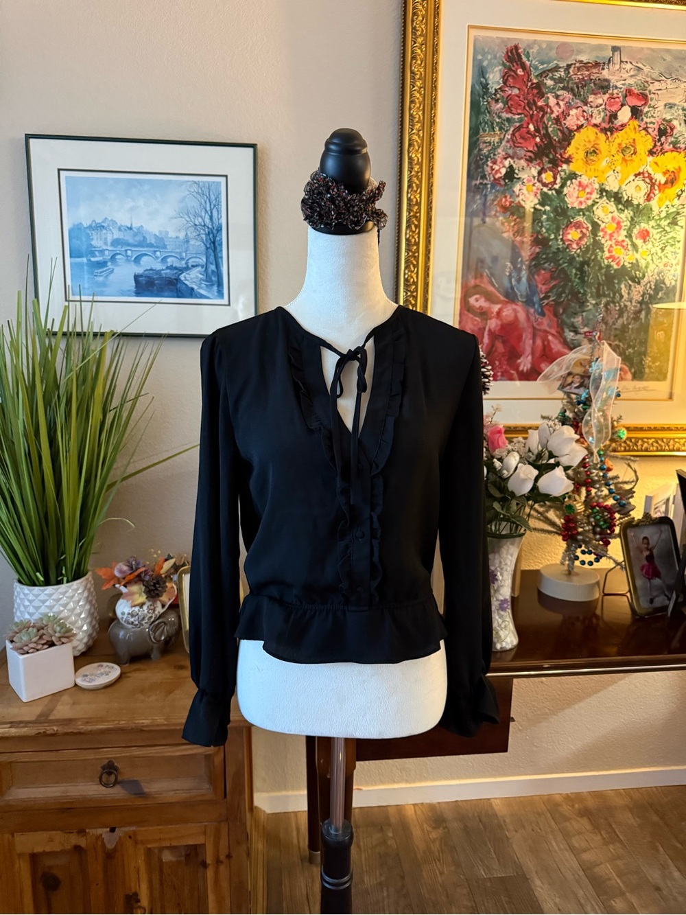 FAVLUX Black Ruffle Tie-Neck Long Sleeve Blouse